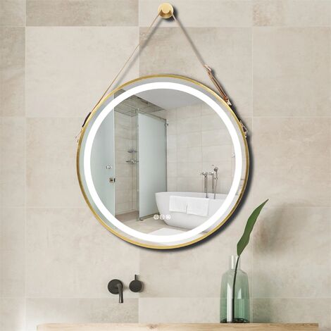 Badspiegel mit Beleuchtung Rund 60cm LED Badezimmerspiegel mit Touch und 3 Lichtfarbe Dimmbar Gold Rahmen verstellbarer Ledergürtel