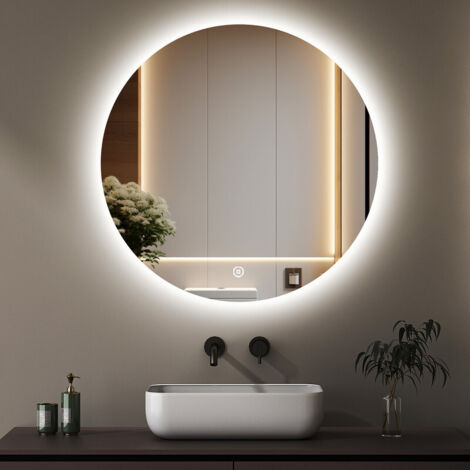 Badspiegel mit Beleuchtung Rund 70 cm LED Spiegel mit Beleuchtung Runder Badezimmerspiegel mit Beleuchtung Wandspiegel Rund mit 3 Lichtfarbe Dimmbar Touchschalter