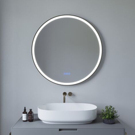 Badspiegel mit Beleuchtung Rund 80 cm Schwarz Rahmen LED Wandspiegel, Beschlagfrei, 3 Lichtfarben, Dimmbar, Touch Schalter für Wandschalter