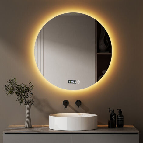 Badspiegel Rund mit Beleuchtung 60x60cm Runder LED Spiegel mit Uhr Runder Badezimmerspiegel mit Beleuchtung Wandspiegel Rund mit 3 Lichtfarbe Dimmbar + Uhr