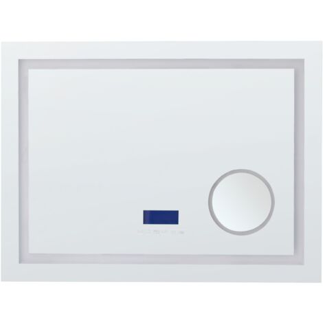 Badspiegel Silber Rechteckig 60 x 80 cm mit LED Beleuchtung Antibeschlag Kosmetikspiegel Bluetooth Lautsprecher Uhr Touch Sensor Modern