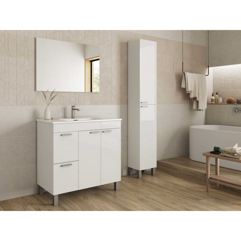 Badezimmerschrank auf dem boden Aktivia 80 cm Glänzend weiß mit spiegel Glänzendes Weiß Mit Led Lampe  - Onlineshop ManoMano