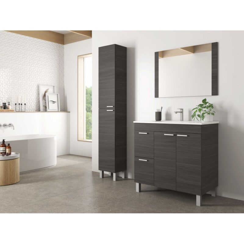 Badezimmerschrank auf dem boden Aktivia 80 cm esche grau mit spiegel Esche grau Mit Led Lampe  - Onlineshop ManoMano