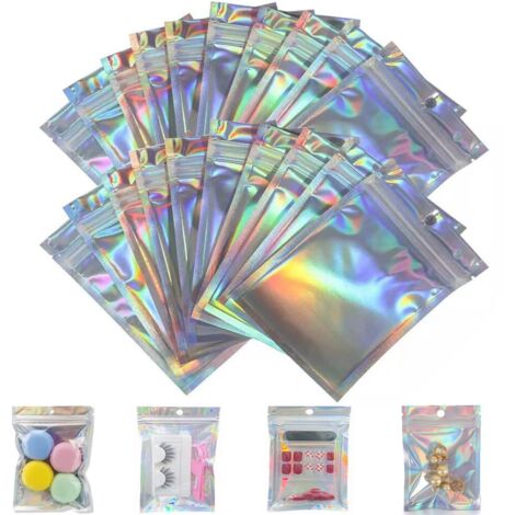 Baggies Lot de 100 sacs en mylar - Sacs à fermeture éclair en mylar - Sacs holographiques transparents - Sacs d'emballage laser réutilisables pour emballage cadeau (holographique, 6 x 10 cm)