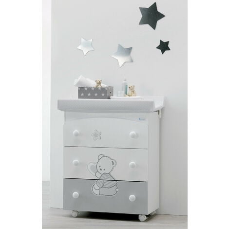 Bagnetto-fasciatoio Cuore Stelle Azzurra Design  Grigio fasciatoio per neonati bambini legno cassetti ruote cambio pannolino bagnetto