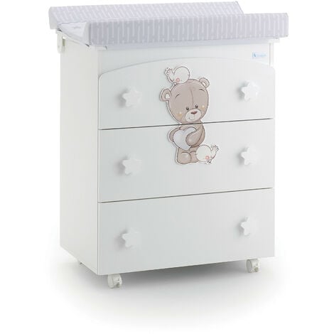 Bagnetto-fasciatoio Love Me Azzurra Design  Bianco fasciatoio per neonati bambini legno cassetti ruote cambio pannolino bagnetto