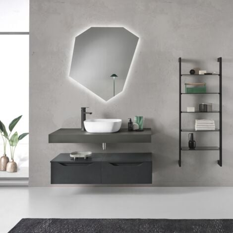 Mobile Bagno Sospeso 60 cm Wood Grey con Lavabo Centrale in Resina e Specchio  Retroilluminato Fiji - Meda