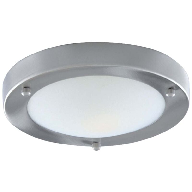 Searchlight - Bathroom Flush - Plafoniera a filo con 1 luce per bagno argento satinato rotonda con diffusore in vetro bombato IP44, E27