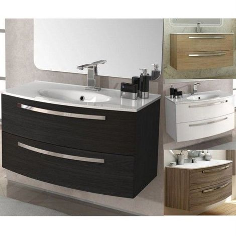 Mobile da bagno moderno sospeso effetto legno chiaro con lavabo XXL e  finiture nere 95 cm. - Ceramica Sud