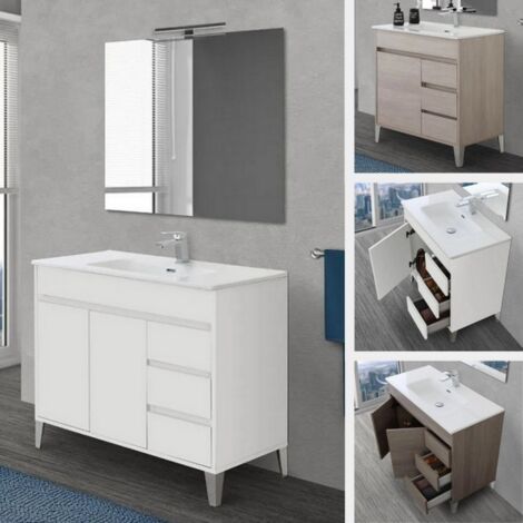 Bagno Italia Mobile bagno 100 cm con piedini specchio lavabo anta cassetti rovere chiaro