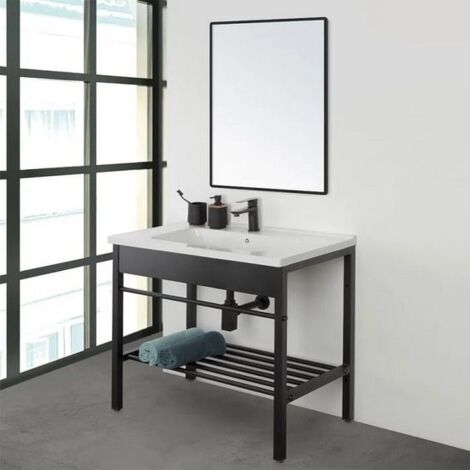 Bagno Italia Mobile bagno a terra metallo nero specchio e lavabo in ceramica cm 80