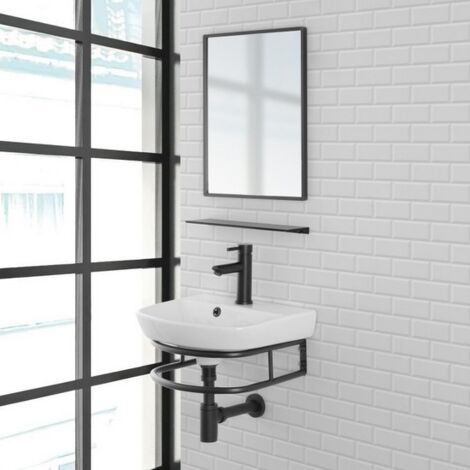 Bagno Italia Mobile bagno in metallo nero con lavabo 45×36 cm specchio e mensola