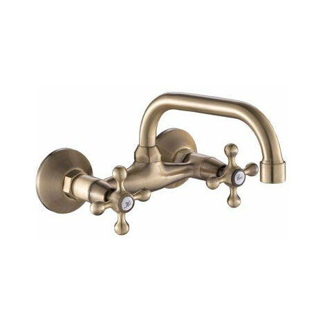 Bagnoclic – Robinet mural de cuisine en laiton – Bec haut 9 cm – Projection 18 cm – Entraxe 15 cm – Poignées en étoile