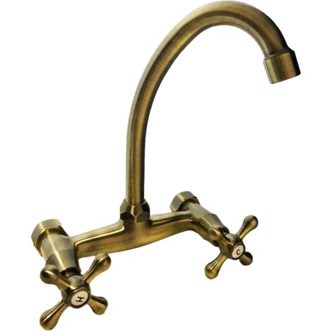 Bagnoclic – Robinet mural de cuisine avec bec à cygne – Finition bronze – En laiton – Entraxe 15 cm – Hauteur bec 19 cm – Saillie 14 cm