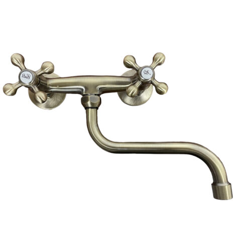 Bagnoclic – Robinet mural de cuisine en bronze ancien – Entraxe 15 cm – Finition laiton – Bec pivotant pour espaces de travail