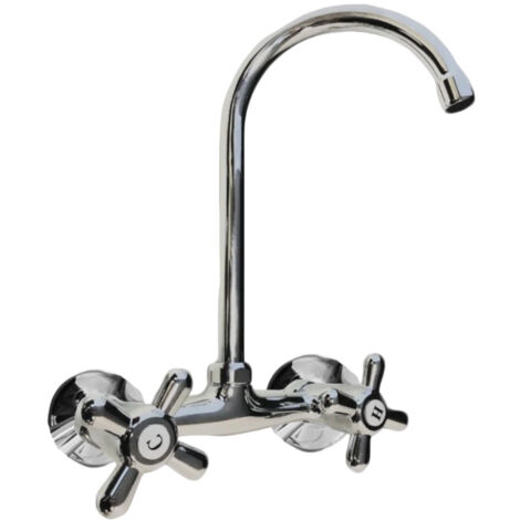 Bagnoclic – Robinet mural de cuisine à bec haut – Finition métal chromé – Entraxe 15 cm – Poignées en étoile – Pour buanderie et espaces restreints