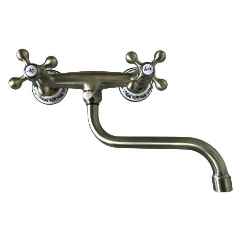 Bagnoclic – Robinet mural de cuisine en vieux laiton – Bec orientable 18 cm – Aérateur anticalcaire Néoperl – Entraxe 15 cm – Décor céramique fleurs