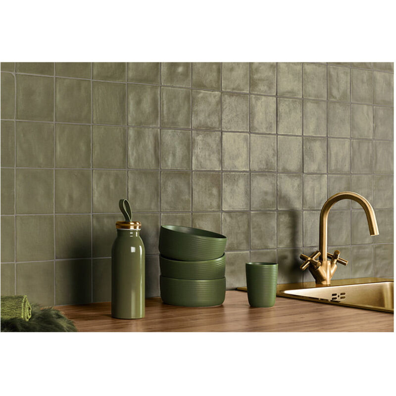 Carrelage mural faïence effet zellige fika 10x10 cm Kaki foncé - Mat - boîte de 0.56 m2 Gioia Materia