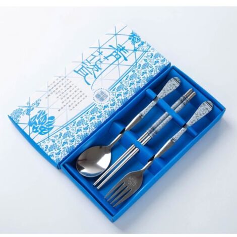 Baguettes Cuillère Fourchette acier inoxydable Bleue choinois couvert Ensemble de Ustensile de Style Chinoise coffret Cadeau voyage