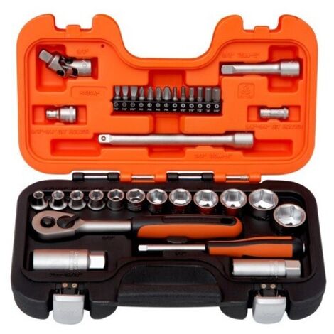 Bahco – Coffret cliquet et douilles 34 pièces – 12 douilles 6 pans 1/4' et 3/8' – Cliquet 60 dents avec dégagement rapide – Alliage d'acier haute performance