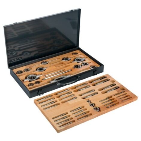 Bahco – Coffret tarauds et filières 54 pièces – 32 tarauds en acier HSS – 16 filières rondes avec entaille – Pour filets mâles et femelles