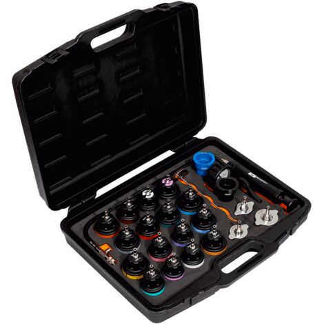 Bahco – Coffret testeur de pression liquide refroidissement – 16 adaptateurs ABS – Manomètre 0-2,5 bars – Thermomètre 0-200°C – Universel pour moteurs
