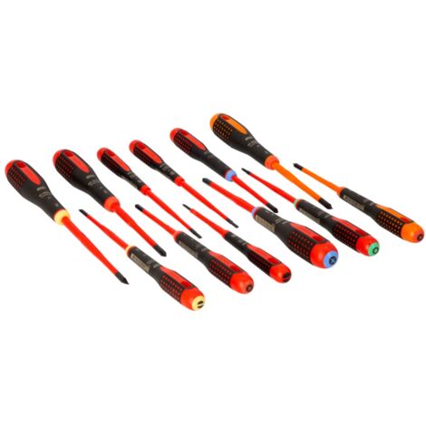Bahco ERGO Isolierter Schraubendreher-Satz für Schlitzschrauben mit 3-Komponenten-Griff, VDE-zertifiziert, Slim-Klinge 12 mm - 12-tlg.