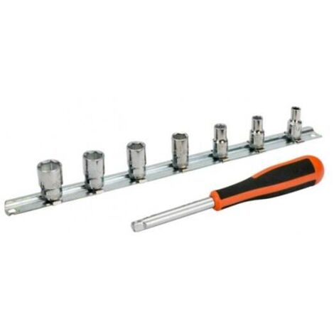 BAHCO - Jeu de douilles 1/4" , profil 6 pans en pouces et rallonge , manche - 7 pcs/rail