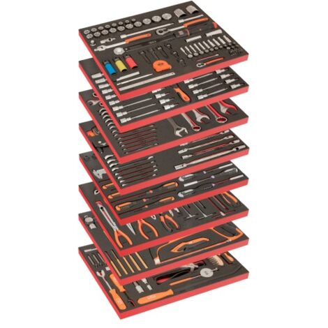 Bahco – Modules mousse pour réparation automobile – Lot de 8 – 357 pièces – Outils inclus : clés, douilles, pinces, cliquets