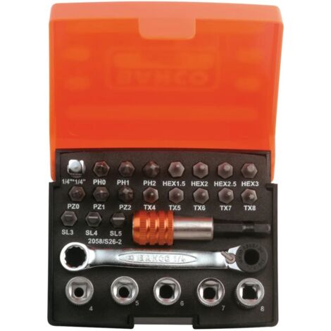 BAHCO Puntas vasos 1/4" planas Phillips Pozidriv 26 pzs 2058/S26-2