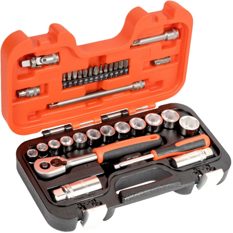 S330 - 1/4 and 3/8 Square Drive Socket Set with Metric Hex Profile and Ratchet, 34pcs - Bahco