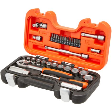 BAHCO S330AF, Set di chiavi a bussola da 1/4" e 3/8" con attacco quadro, profilo esagonale in pollici con cricchetto, 34 pezzi