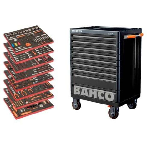 Bahco – Servante d'atelier AUTO – 9 tiroirs à ouverture complète – Châssis en acier à double paroi – 357 pièces d'outils – 4 roues silencieuses