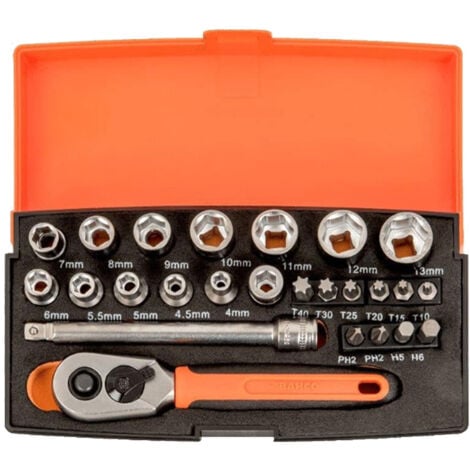 Bahco SL25 - 1/4 Square Drive Socket Set with Metric Hex Profile and Screwdriver Bits/Bit Holder