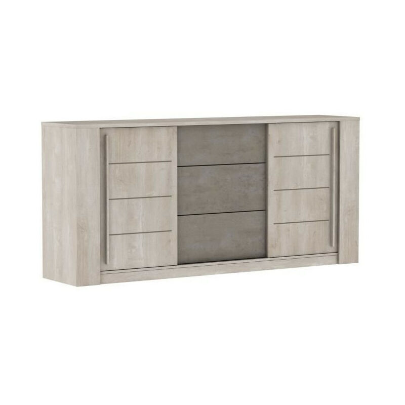Enfilade antibes 2 portes coulissantes + 3 tiroirs - Décor chene champagne et béton beige - L206 x P44.9 x H94 cm Demeyere