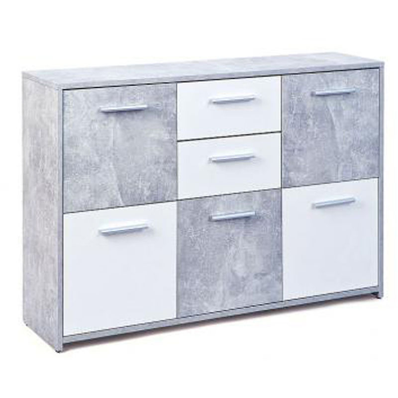 Commode Bahut de 5 portes et 2 tiroirs aspect béton coloris gris clair et blanc - Dim : L 115 x P 30 x H 77 cm - PEGANE -