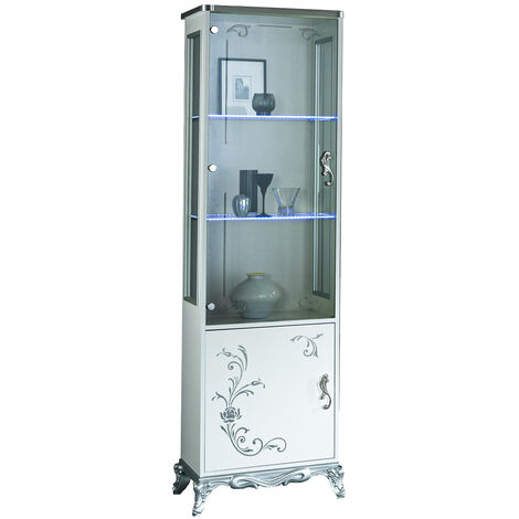 Bahut haut à LED 1 porte bois laqué blanc et argent Dannie