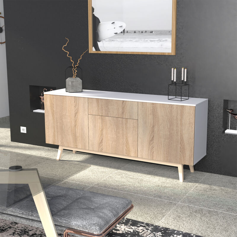 Le Quai Des Affaires - Bahut home 3 portes 1 tiroir / Décor Blanc et Chêne Blanchi/