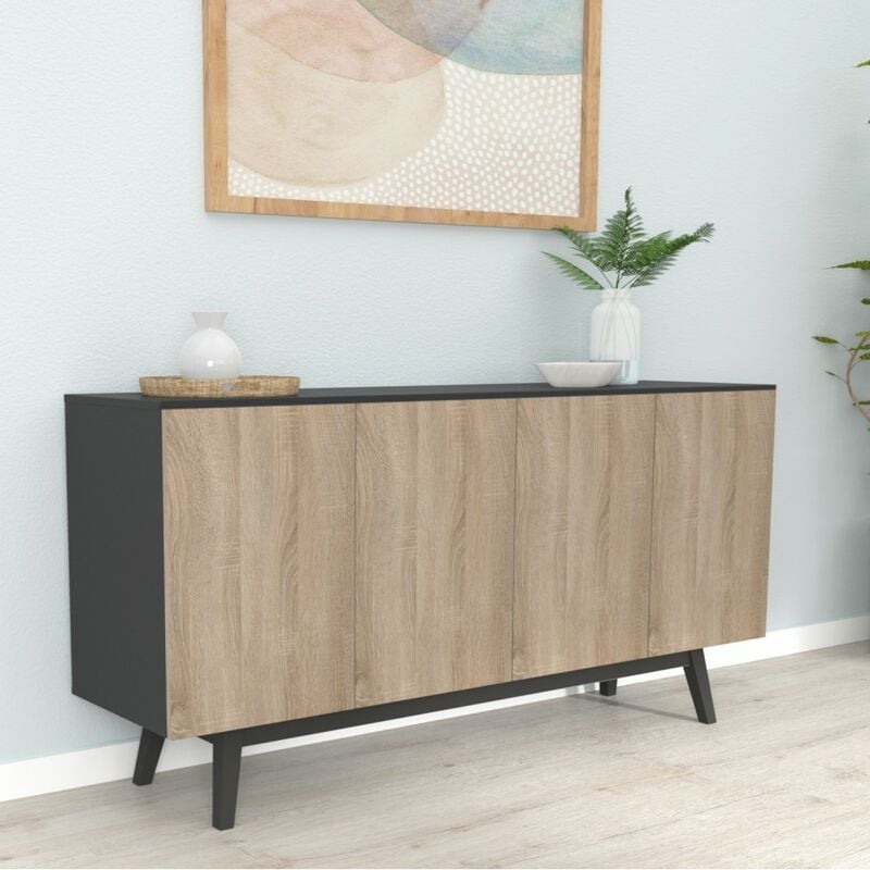 Bahut home 4 portes 2 tiroirs / Décor Noir et Chêne Blanchi/ 160x42x80 cm