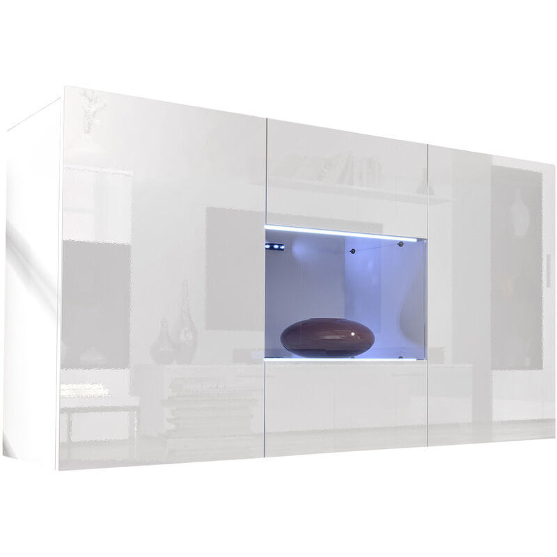 Buffet de salon bas 3 portes 2 étagères vitrine avec LED 120x70x40cm Meuble suspendu Modèle Nora A2 Couleur Blanc Finition Brillante