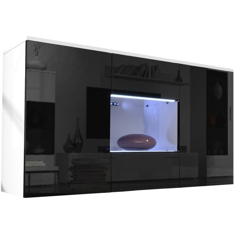 Buffet de salon bas 3 portes 2 étagères vitrine avec led 120x70x40cm Meuble suspendu Modèle Nora A2 Couleur Blanc avec Noir Finition Brillante