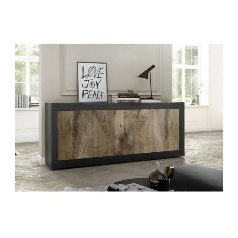 Buffet BASICO - Décor Noir mat et Chene Pero - 4 Portes - L 207 x P 43 x H 86 cm
