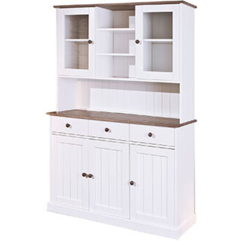 Buffet vaisselier 5 portes, 3 tiroirs en pin blanc et naturel - maine Buffet vaisselier 5 portes, 3 tiroirs en pin blanc et naturel - maine