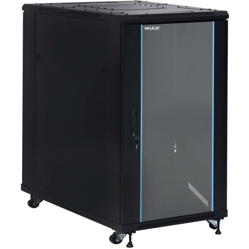 Phasak - Baie 19' Pro 22U 600x1000 - Démontée, ventilée, porte en verre trempé de, multiprise, roulettes, plateaux inclus, haute sécurité pho 6122