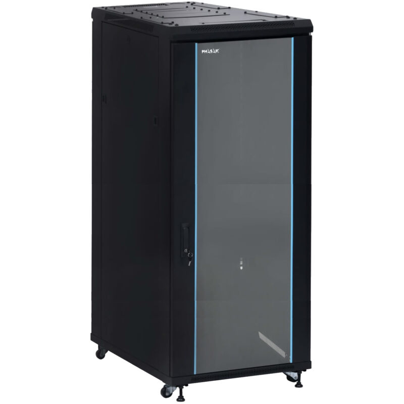 Baie 19' Phasak Pro 42U 800x800 démontée pho 8842 - Porte en verre trempé de, ventilation, multiprises, roulettes, plateaux et rails réglables