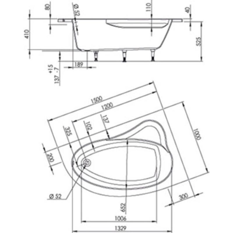 Valentin - Baignoire Archipel d'angle version droite 150 x 100 cm s.a