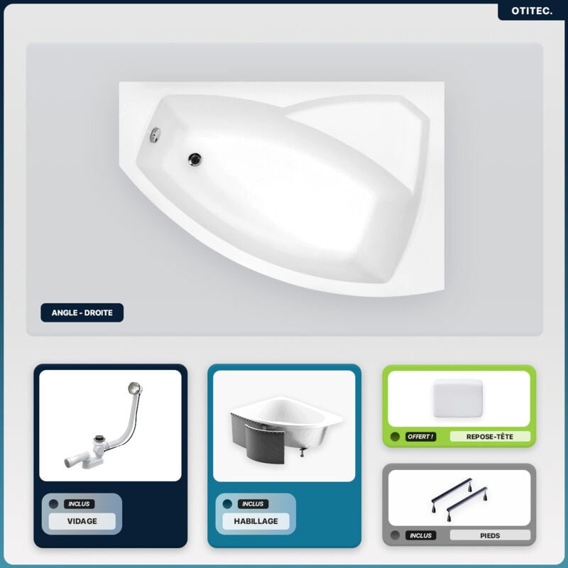 Otitec - Baignoire asymétrique - 130 x 85 cm - Droite - avec Habillage - Pieds - Repose-tête - Vidage Chrome - rima