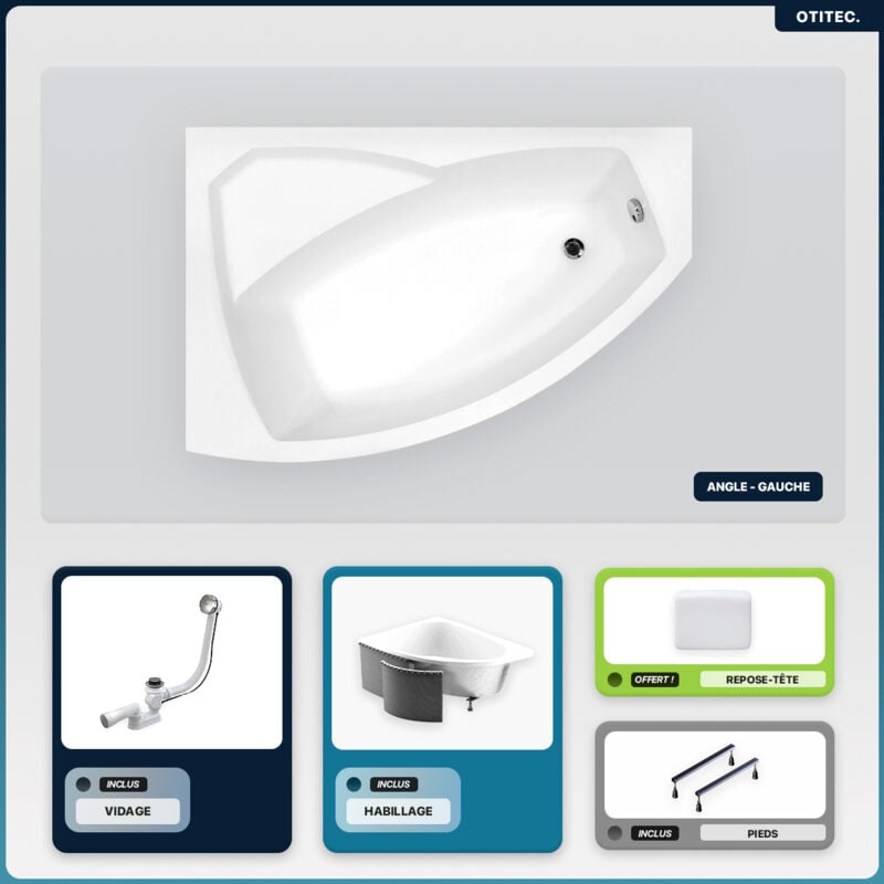 Otitec - Baignoire asymétrique - 130 x 85 cm - Gauche - avec Habillage - Pieds - Repose-tête - Vidage Chrome - rima