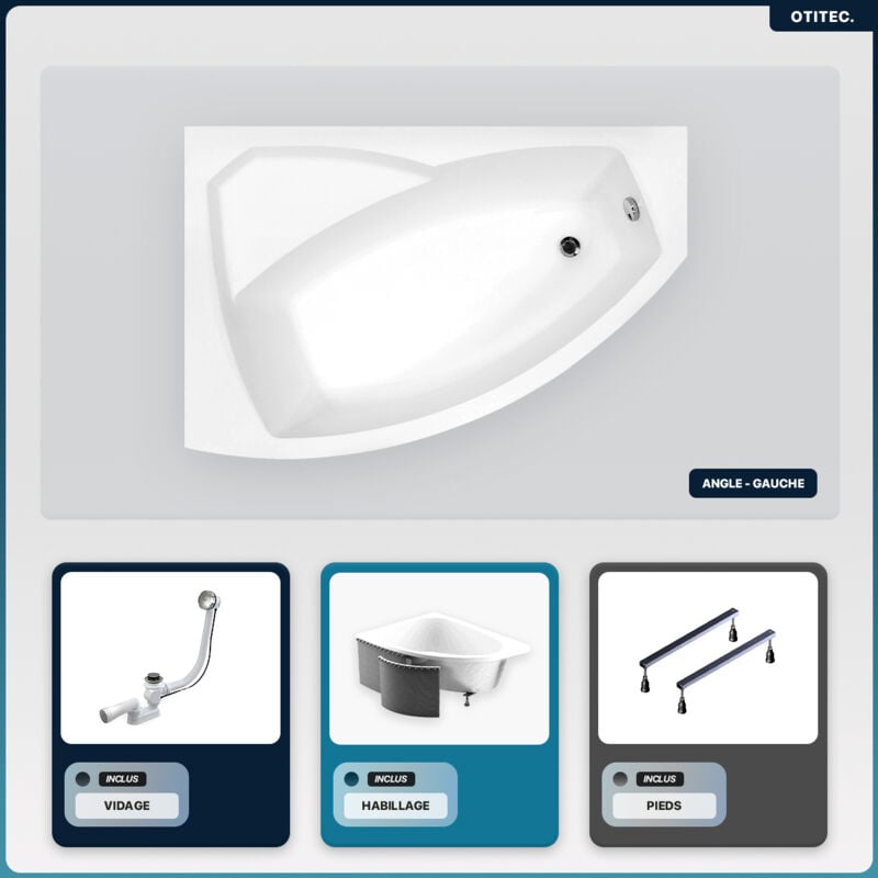 Otitec - Baignoire asymétrique - 130 x 85 cm - Gauche - avec Habillage - Pieds - Vidage Chrome - rima