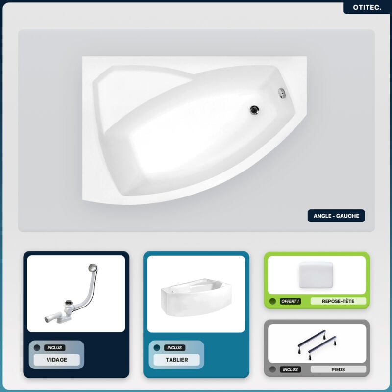 Otitec - Baignoire asymétrique - 130 x 85 cm - Gauche - avec Tablier - Pieds - Repose-tête - Vidage Chrome - rima